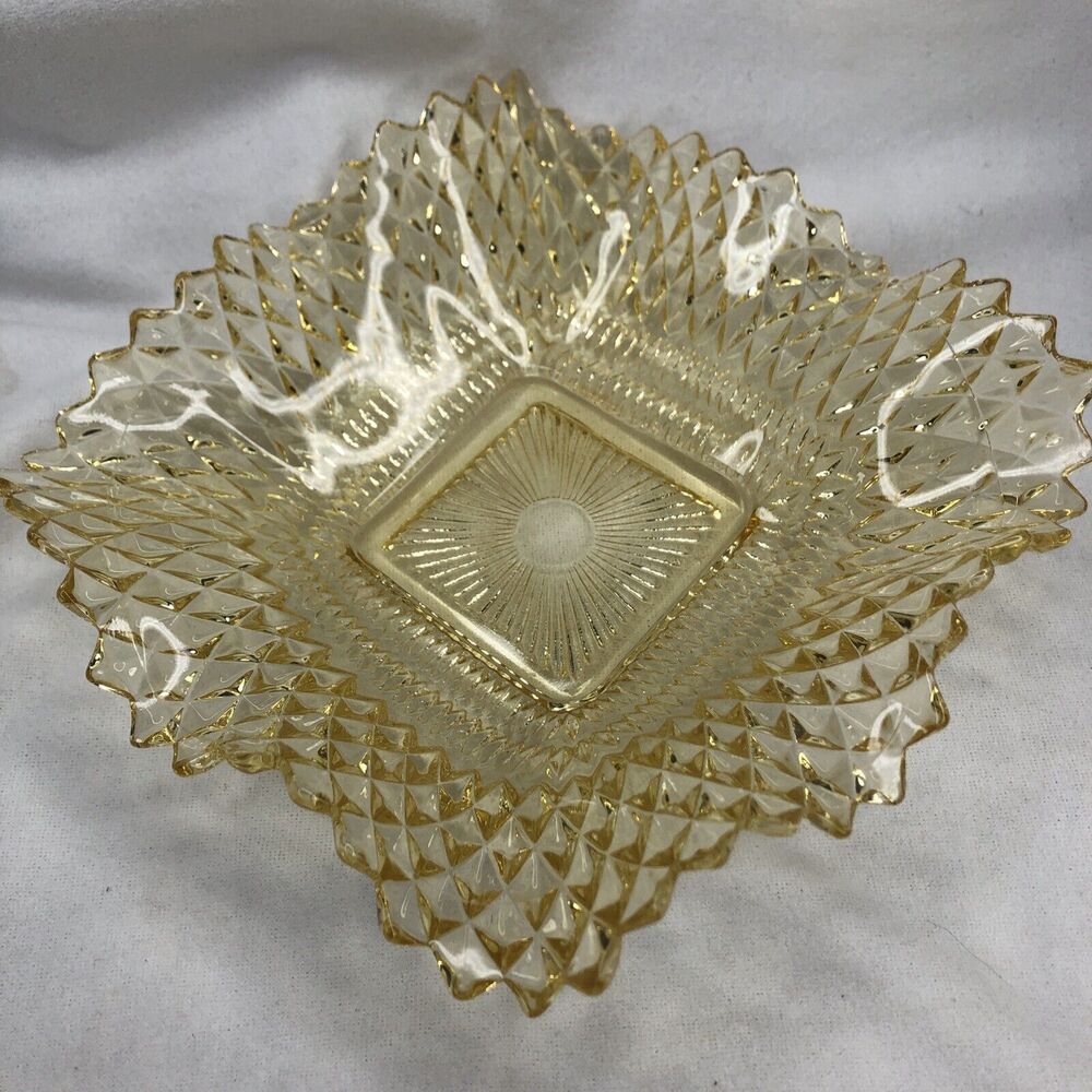 Vintage Indiana Glass Diamond Pt.  Ruffled Edge Square Sawtooth Dish